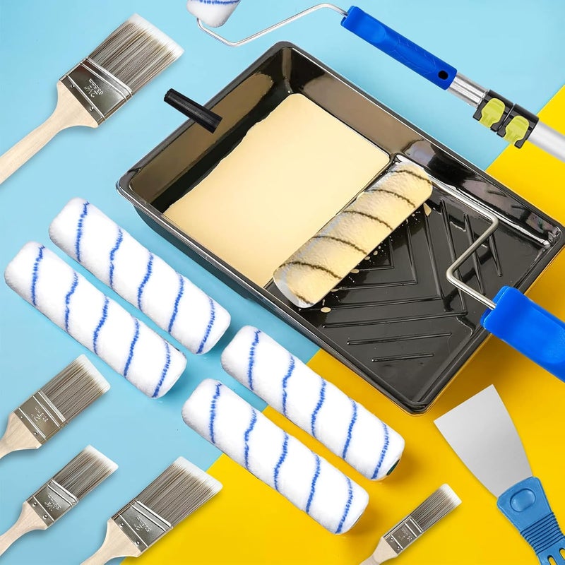 Elefama 31 PCS Paint Roller Kit with Extension Pole 2 to 4 Ft,9"4"Paint Rollers Covers Frame Tray Painters Tape Professional Long Handle Paint Brush Roller Set for Painting Walls House Corner Stain Concrete - Image 2